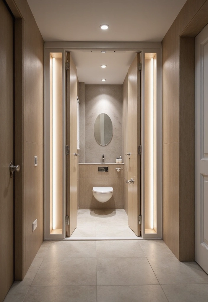 25 Bifold Bathroom Door Ideas That Maximize Space - 18. Bi-Fold Doors with Built-In Lighting