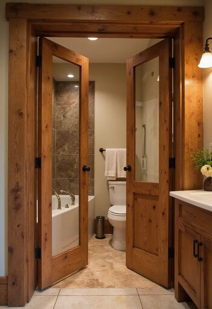 25 Bifold Bathroom Door Ideas That Maximize Space - 2. Rustic Wooden Bifold Doors
