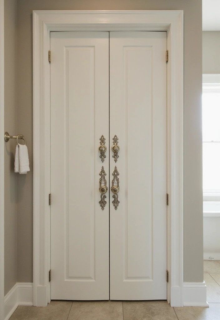 25 Bifold Bathroom Door Ideas That Maximize Space - 23. Bi-Fold Doors with Decorative Hardware