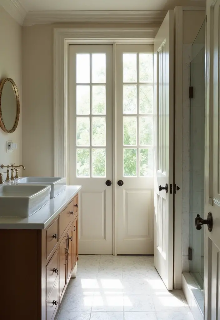25 Bifold Bathroom Door Ideas That Maximize Space - 25. Elegant Bi-Fold Doors with Transom Lights