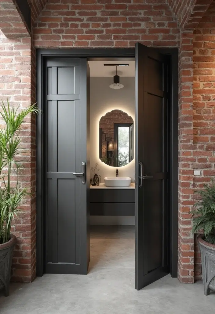 25 Bifold Bathroom Door Ideas That Maximize Space - 5. Industrial Chic Bifold Doors