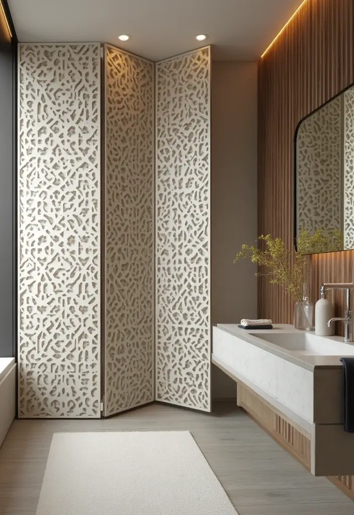25 Bifold Bathroom Door Ideas That Maximize Space - 6. Decorative Pattern Bifold Doors