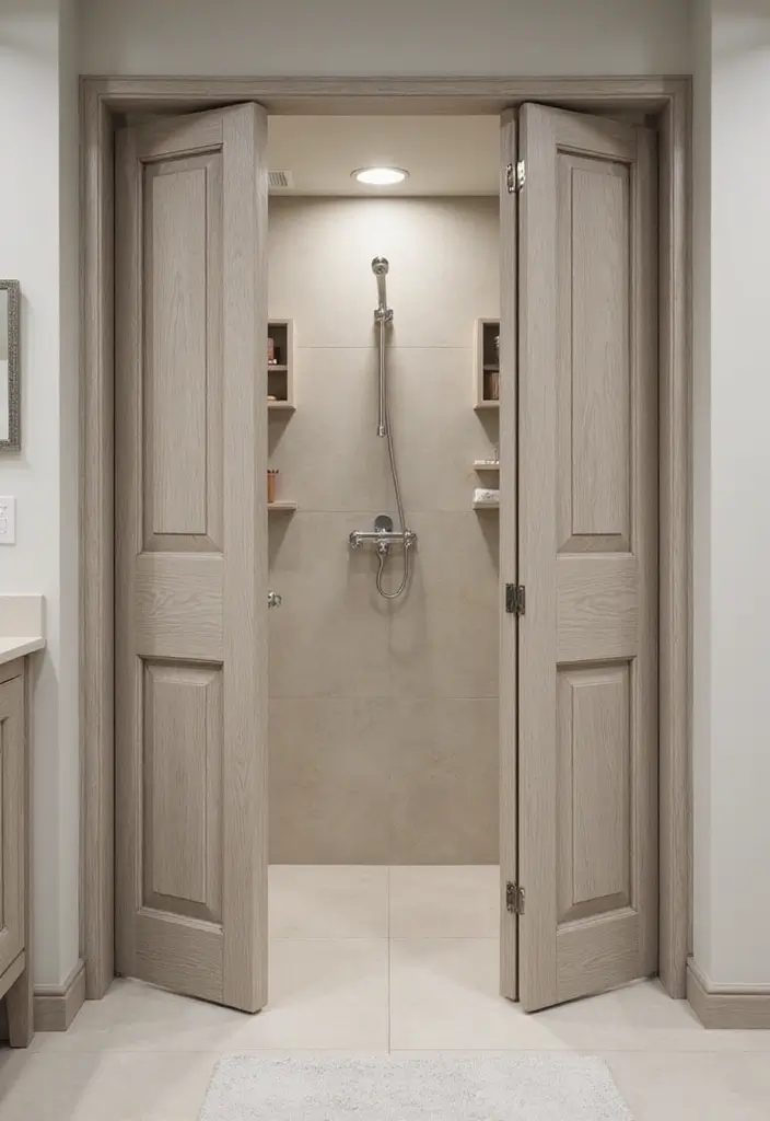 25 Bifold Bathroom Door Ideas That Maximize Space - 9. Bi-Fold Doors with Built-In Shelving