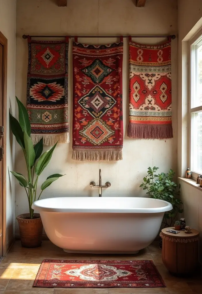 27 Bathroom Accent Wall Ideas That Make A Statement - 11. Ethnic Textile Hangings