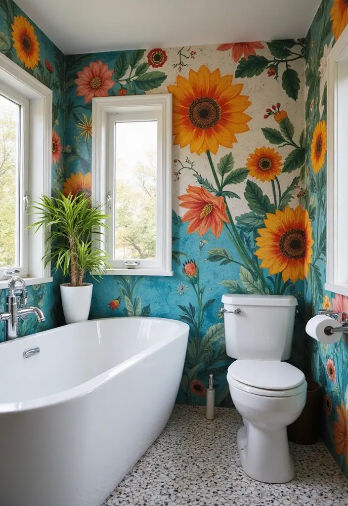 27 Bathroom Accent Wall Ideas That Make A Statement - 14. Hand-Painted Artwork