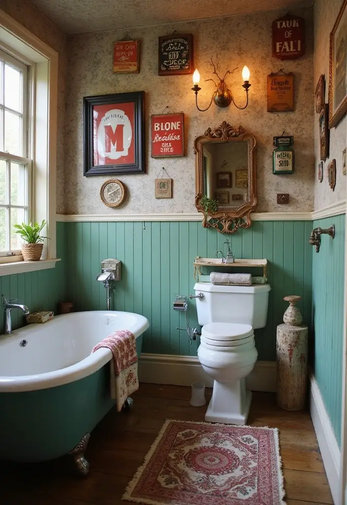 27 Bathroom Accent Wall Ideas That Make A Statement - 21. Vintage Signs