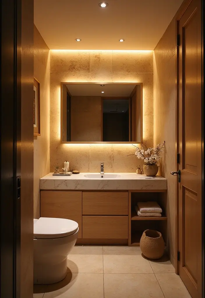 27 Bathroom Accent Wall Ideas That Make A Statement - 24. Creative Lighting