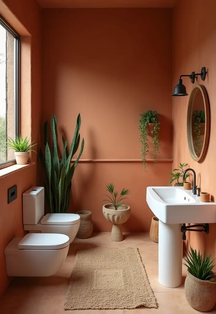 27 Bathroom Dark Walls That Add Sophistication - 11. Terracotta Touch