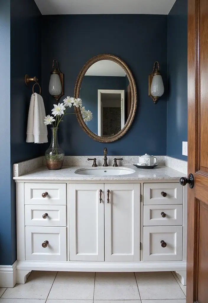 27 Bathroom Dark Walls That Add Sophistication - 2. Navy Blue Serenity