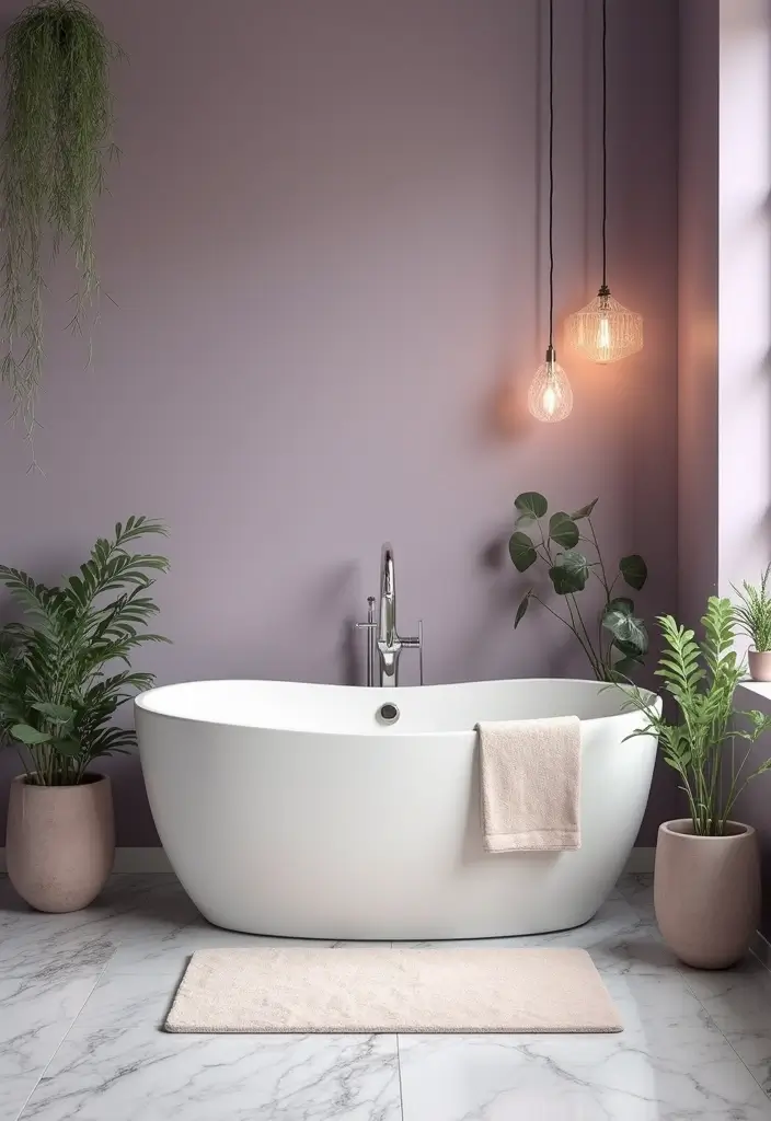 27 Bathroom Dark Walls That Add Sophistication - 20. Smoky Lavender Elegance