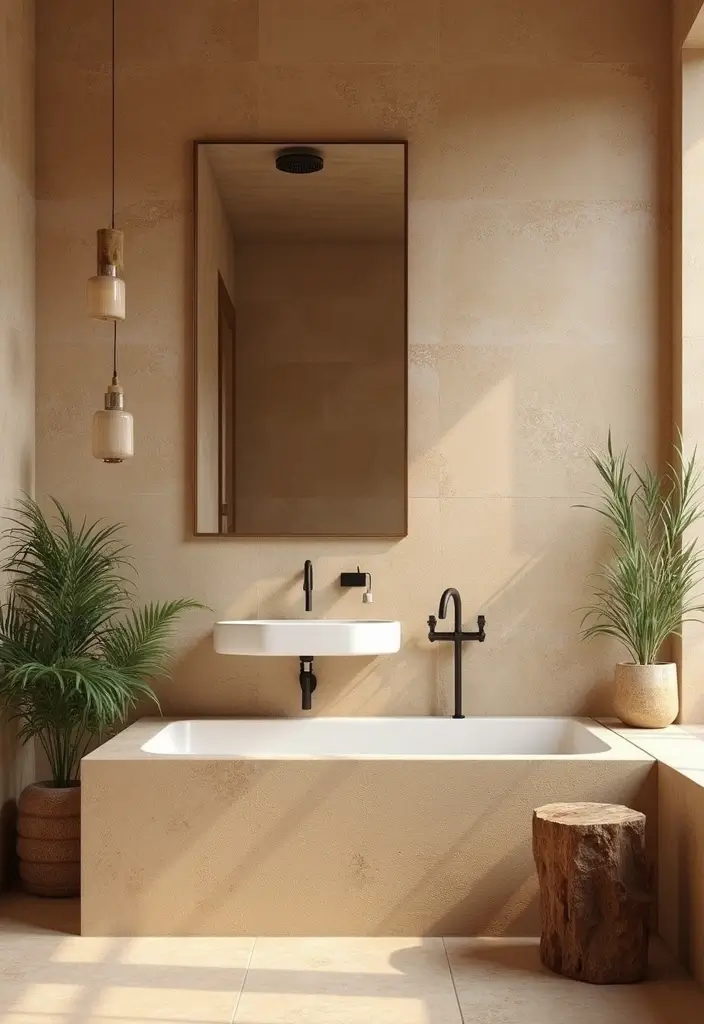 27 Bathroom Dark Walls That Add Sophistication - 23. Warm Sandstone Illusion