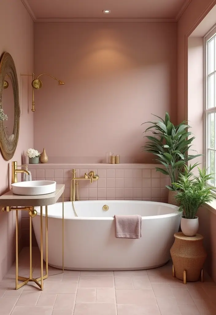 27 Bathroom Dark Walls That Add Sophistication - 24. Blush Pink Elegance