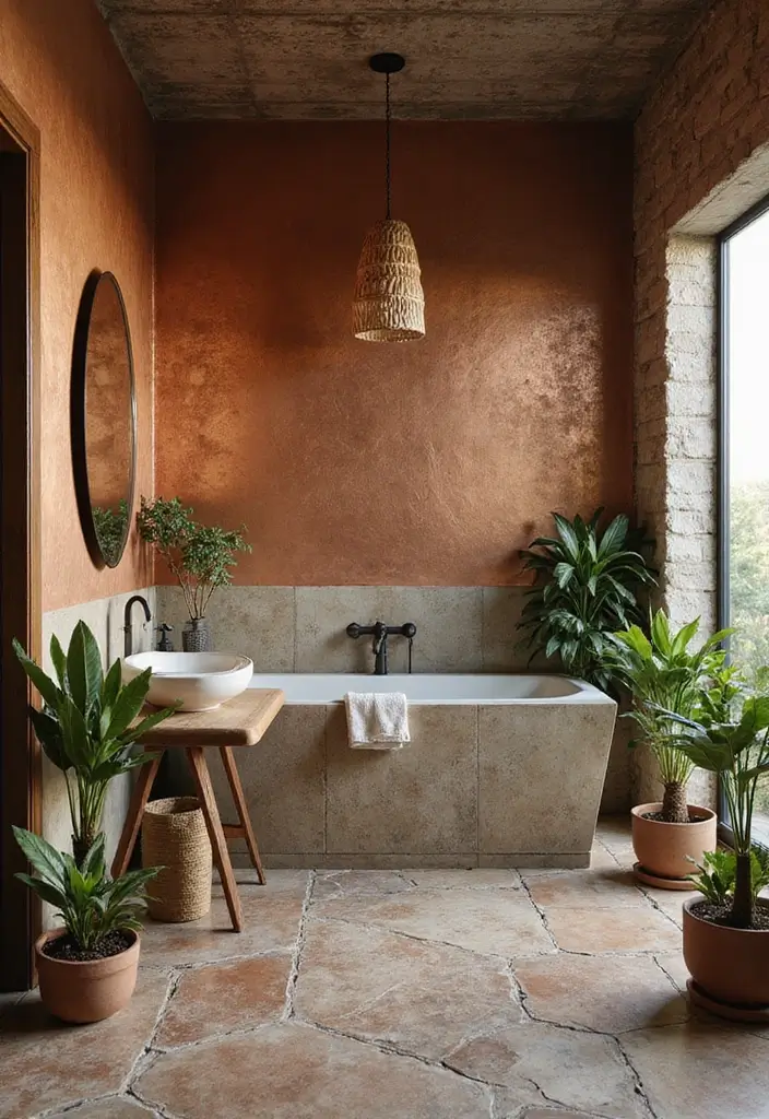 27 Bathroom Dark Walls That Add Sophistication - 25. Rustic Copper Glow