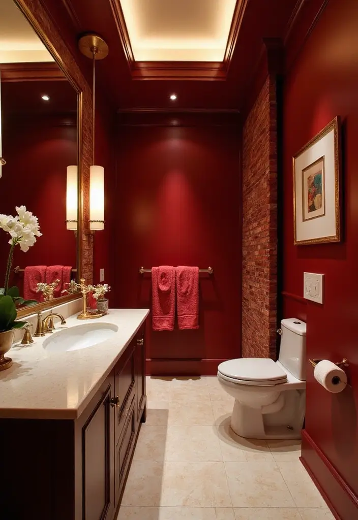 27 Bathroom Dark Walls That Add Sophistication - 26. Ruby Red Refinement