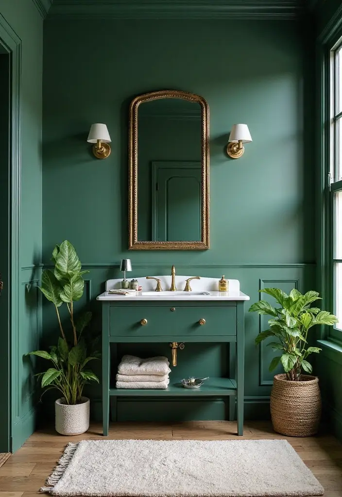 27 Bathroom Dark Walls That Add Sophistication - 4. Emerald Green Glamour