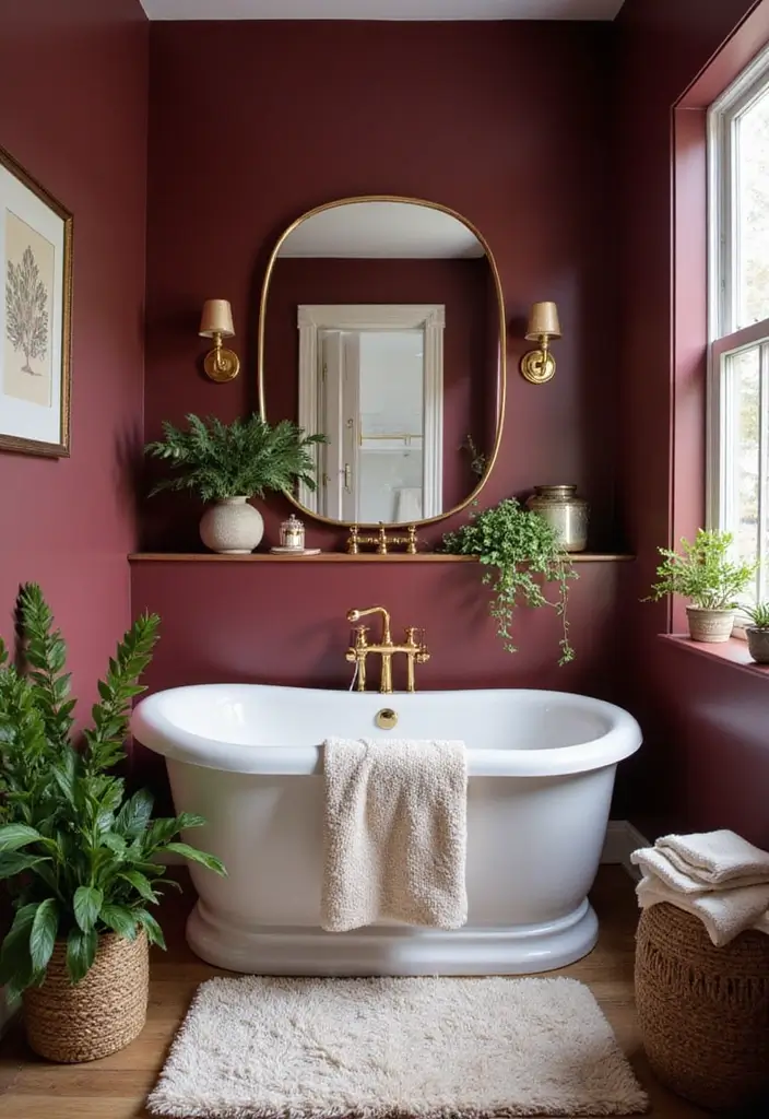 27 Bathroom Dark Walls That Add Sophistication - 5. Deep Burgundy Warmth