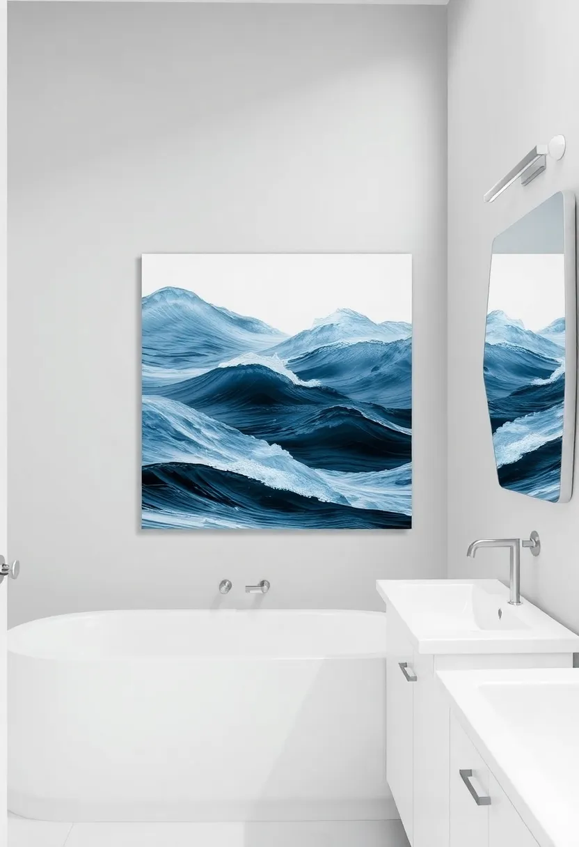 27 Bathroom Painting Ideas On Canvas For Modern Homes - 18. Calming Monochrome Waves