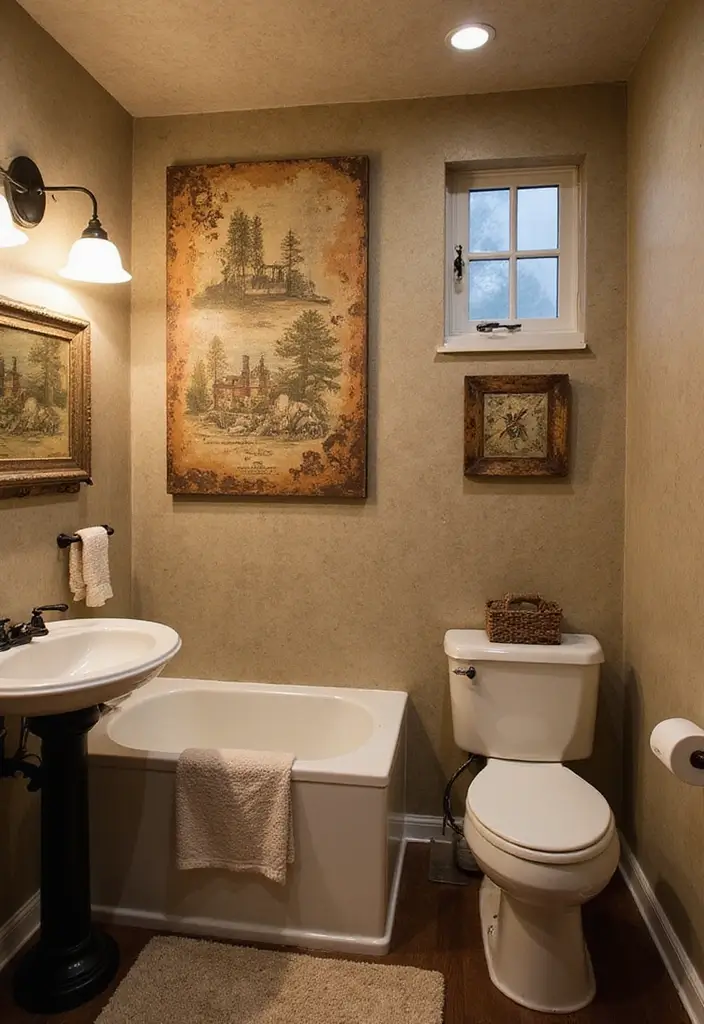 27 Bathroom Painting Ideas On Canvas For Modern Homes - 9. Nostalgic Vintage Motifs