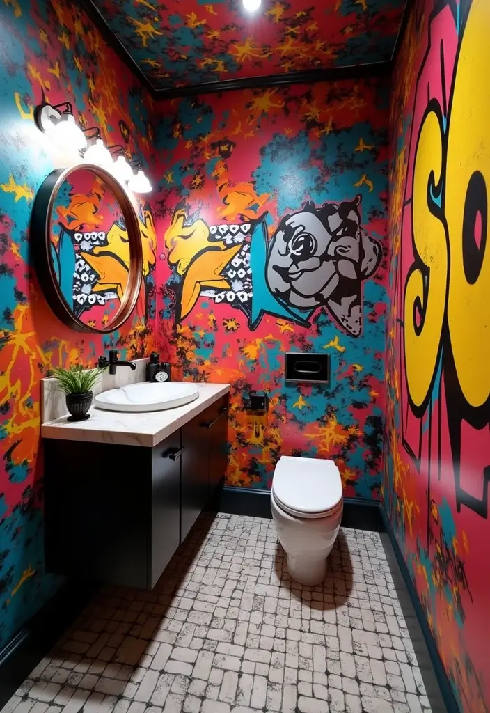 27 Bathroom Wall Stencil Ideas That Add Pattern And Style - 15. Urban Graffiti Styles