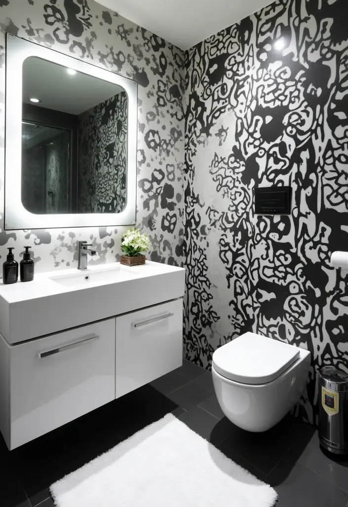 27 Bathroom Wall Stencil Ideas That Add Pattern And Style - 18. Monochrome Magic