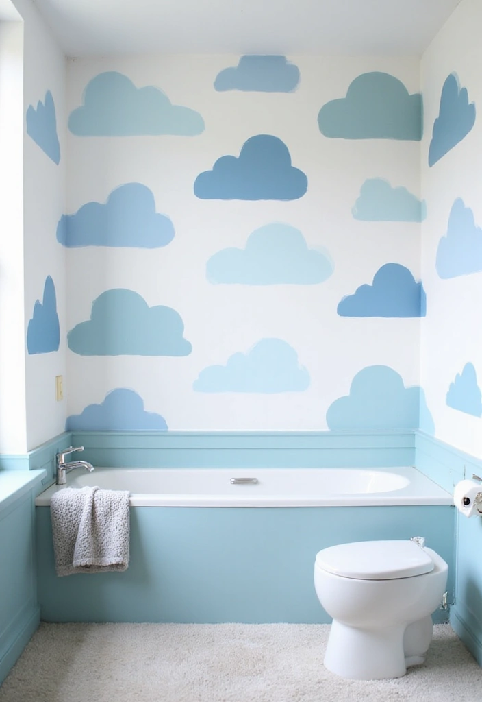 27 Bathroom Wall Stencil Ideas That Add Pattern And Style - 2. Whimsical Clouds and Sky