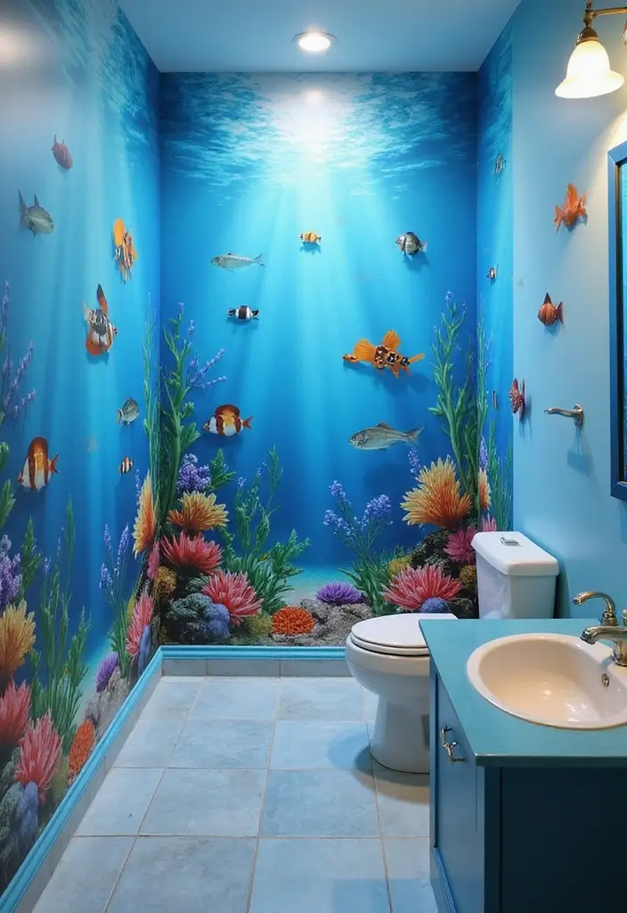 27 Bathroom Wall Stencil Ideas That Add Pattern And Style - 5. Underwater Scenes