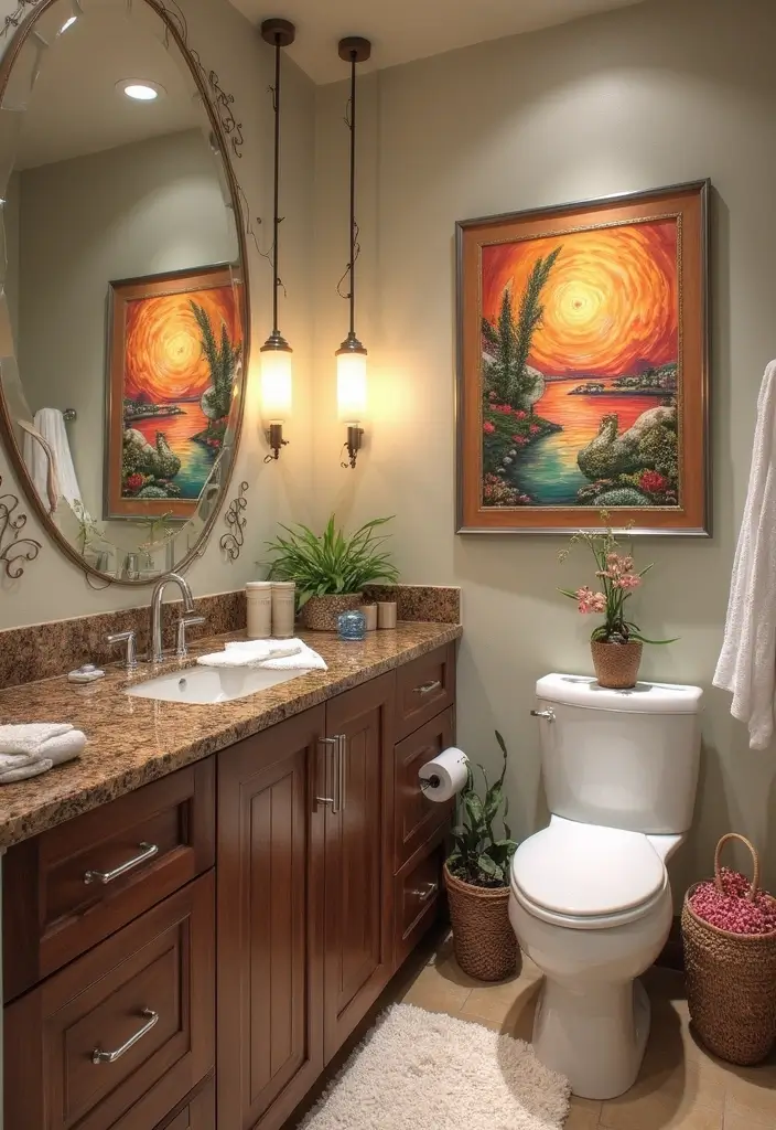 27 Brown Granite Countertops Bathroom Designs That Look Elegant - 14. Artistic Touches