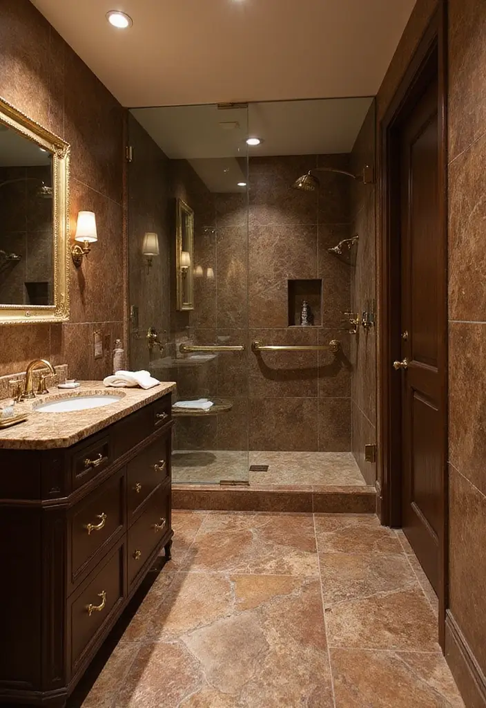27 Brown Granite Countertops Bathroom Designs That Look Elegant - 20. Glamorous Gold Accents