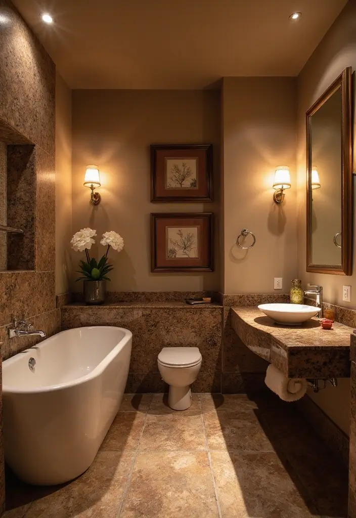 27 Brown Granite Countertops Bathroom Designs That Look Elegant - 22. Romantic Retreat