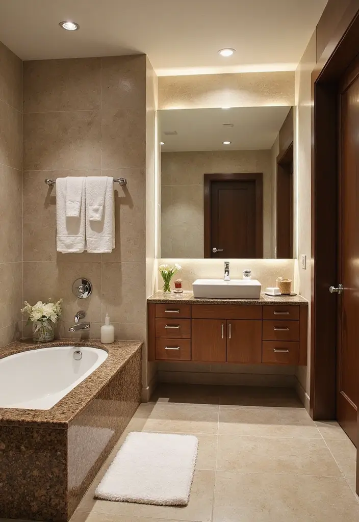 27 Brown Granite Countertops Bathroom Designs That Look Elegant - 24. Contemporary Twist