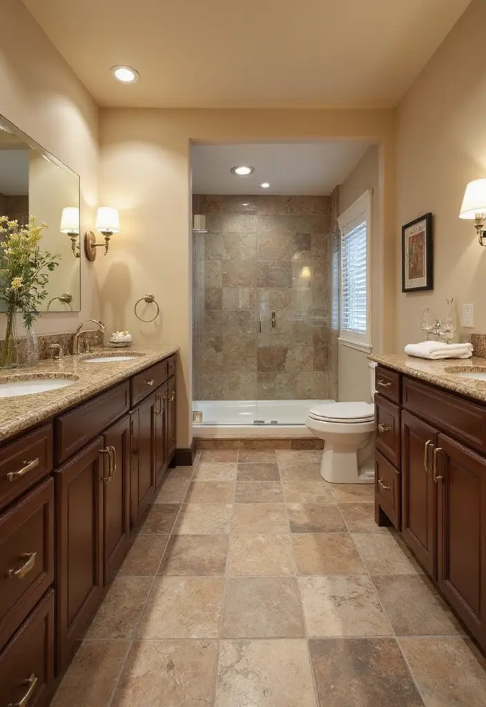 27 Brown Granite Countertops Bathroom Designs That Look Elegant - 26. Transitional Style