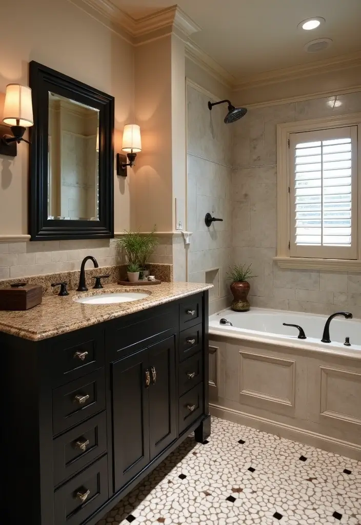27 Brown Granite Countertops Bathroom Designs That Look Elegant - 7. Timeless Black and Brown