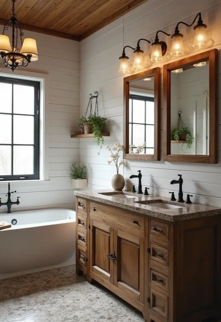 27 Brown Granite Countertops Bathroom Designs That Look Elegant - 8. Rustic Farmhouse Feel