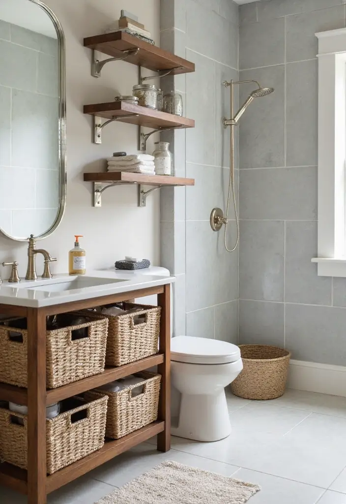 27 Decoration For Bathroom That Looks Clean And Modern - 24. Stylish Display Baskets