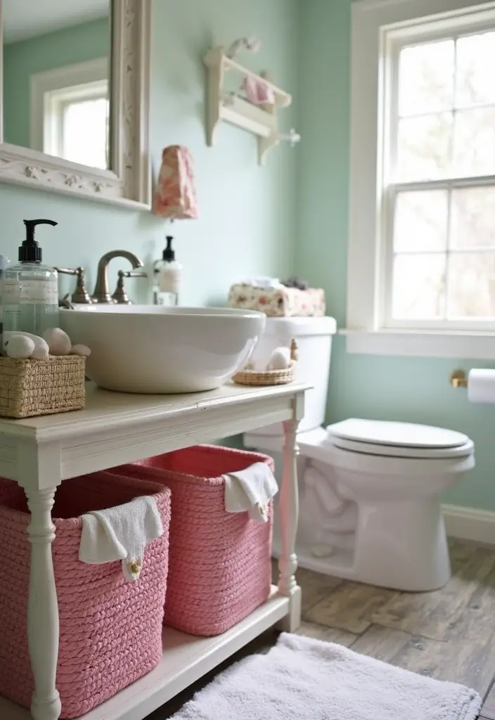 27 Pink Bathroom Decor Ideas That Look Fresh - 12. Pink Baskets for Organization