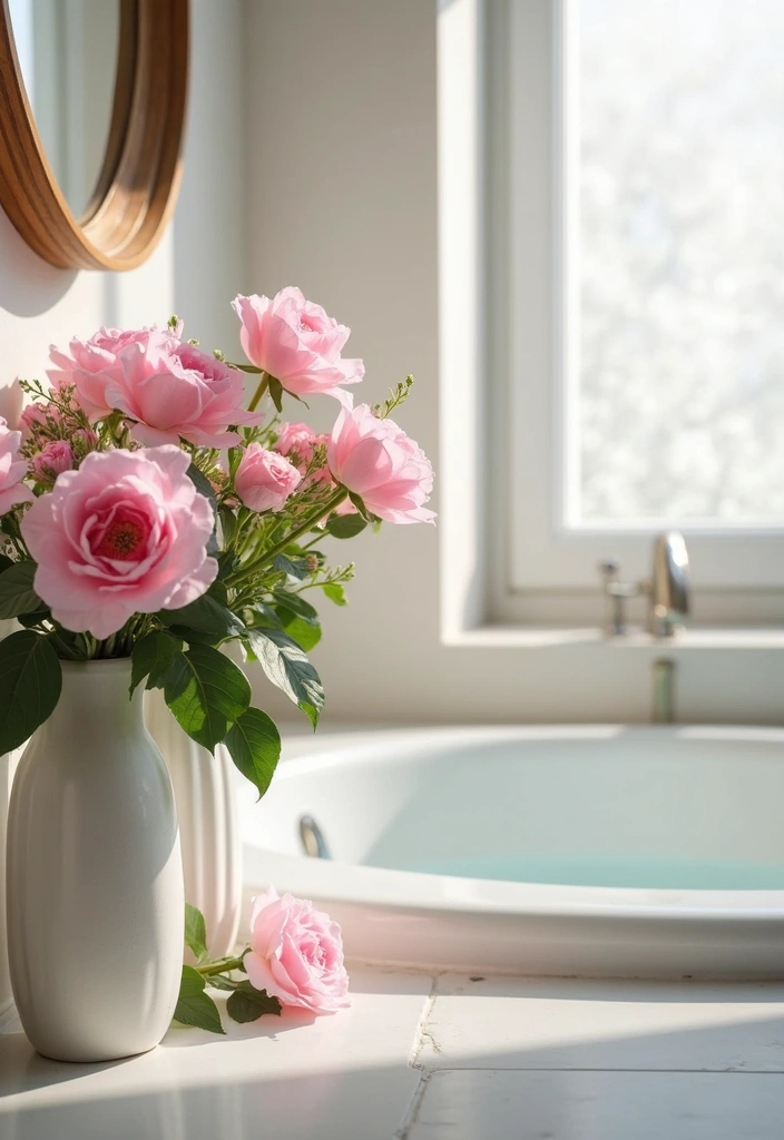 27 Pink Bathroom Decor Ideas That Look Fresh - 14. Pink Floral Arrangements