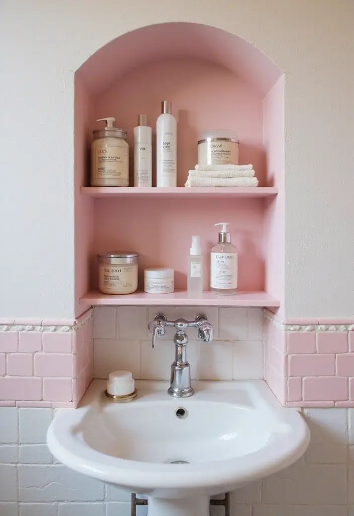 27 Pink Bathroom Decor Ideas That Look Fresh - 15. Pink Themed Shower Niche
