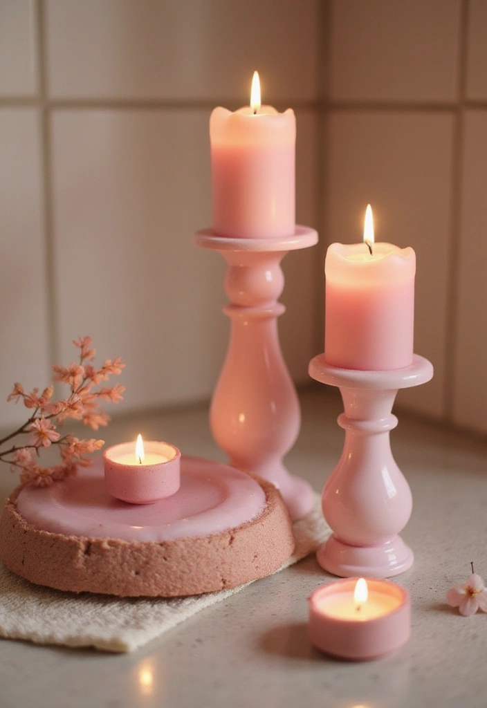 27 Pink Bathroom Decor Ideas That Look Fresh - 16. Pink Candle Holders