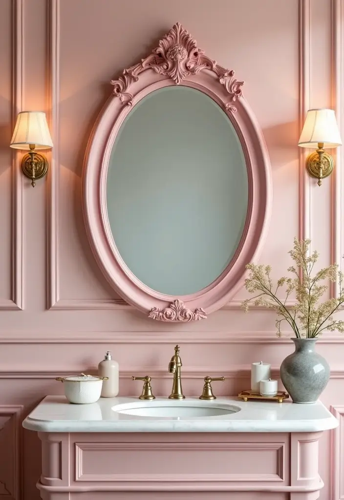 27 Pink Bathroom Decor Ideas That Look Fresh - 17. Pink Vintage Mirrors
