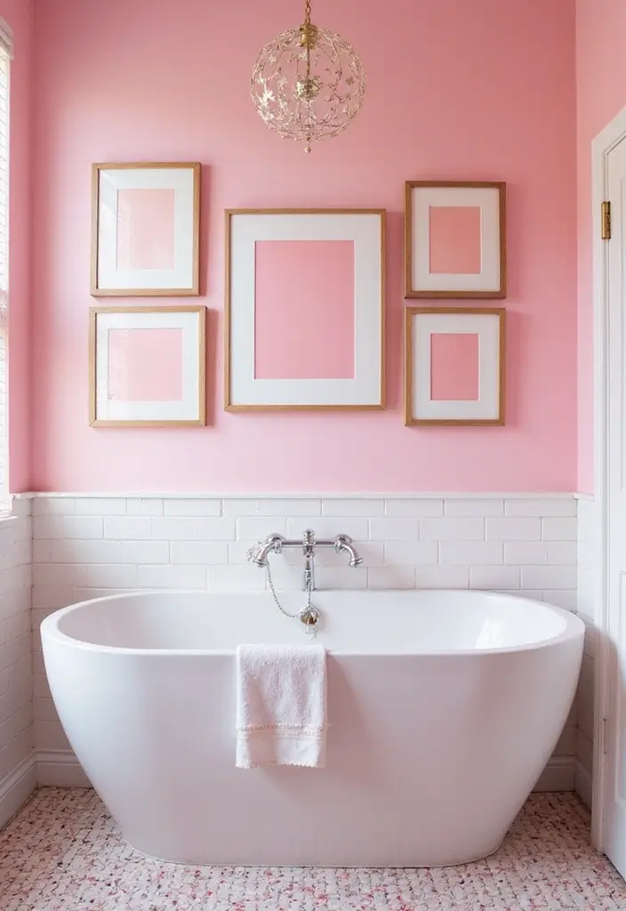 27 Pink Bathroom Decor Ideas That Look Fresh - 18. Pink Framed Artwork