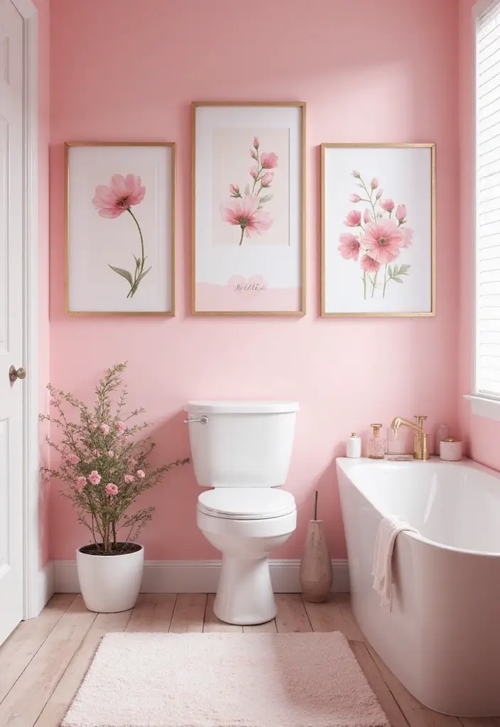 27 Pink Bathroom Decor Ideas That Look Fresh - 7. Feminine Bathroom Art