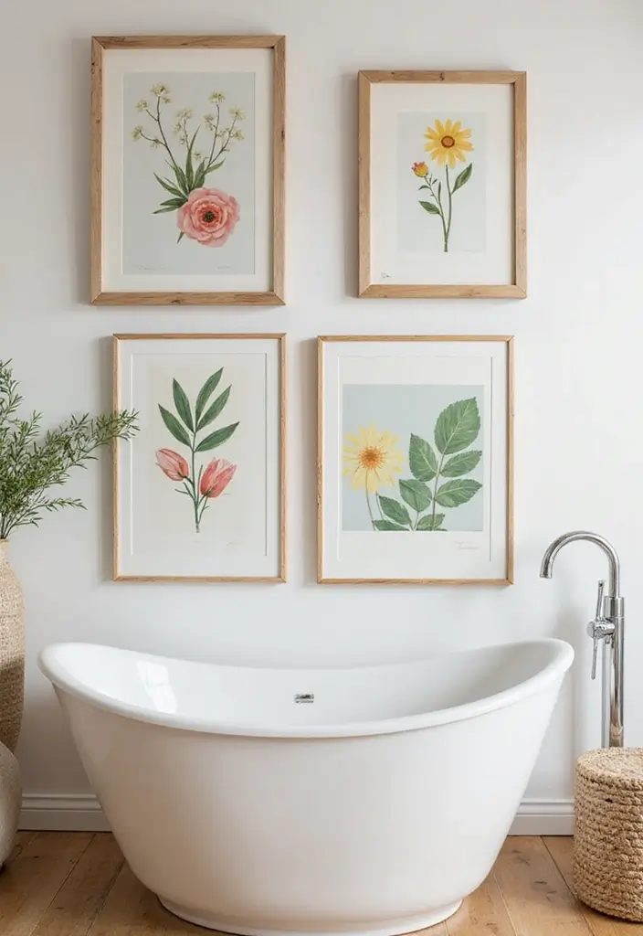 27 Spring Bathroom Decor Ideas That Feel Fresh - 10. Seasonal Artwork