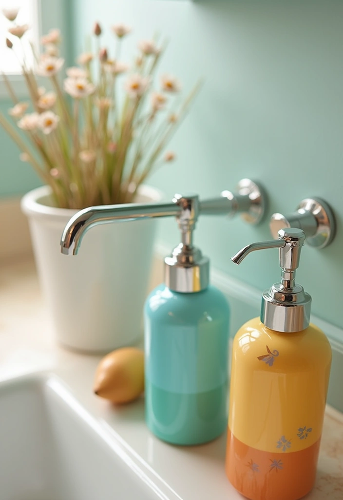 27 Spring Bathroom Decor Ideas That Feel Fresh - 17. Vibrant Soap Dispensers
