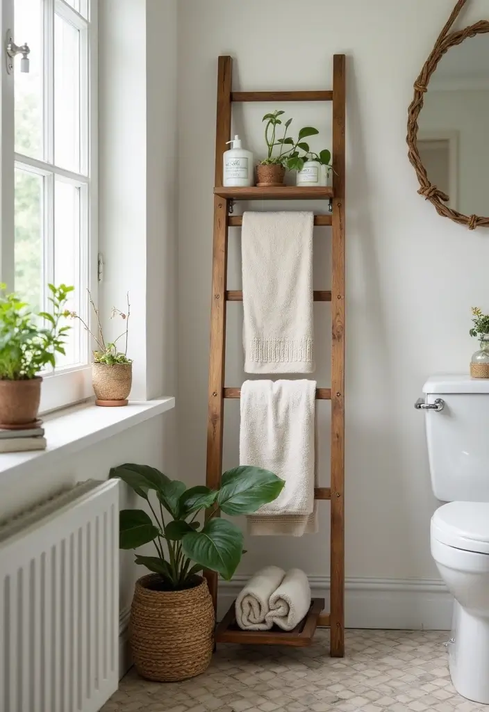 27 Spring Bathroom Decor Ideas That Feel Fresh - 6. Upcycled Ladder Storage
