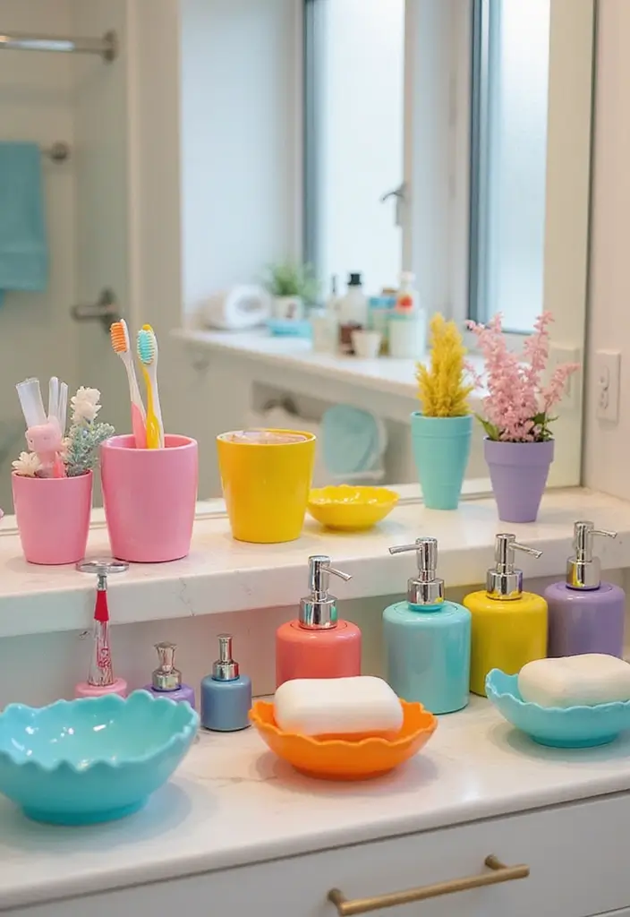 27 Toca Boca Bathroom Ideas That Feel Fun And Creative - 19. Brightly Colored Bath Accessories