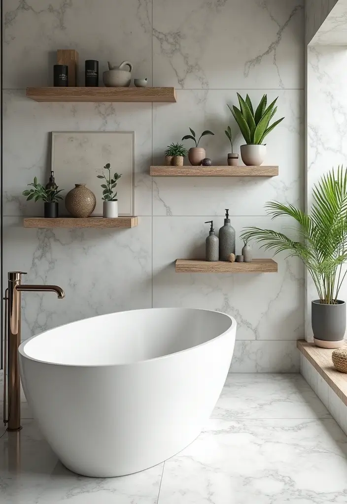 27 White And Grey Marble Bathroom Designs That Shine - 10. Marble Shelving