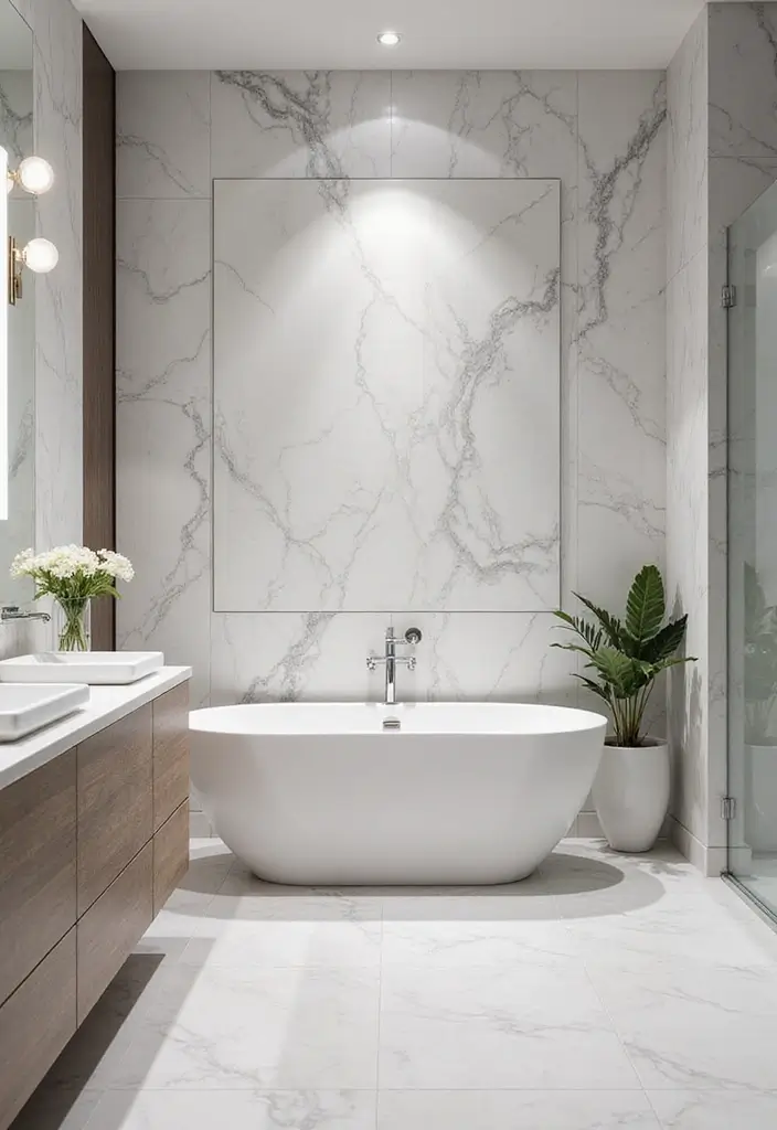 27 White And Grey Marble Bathroom Designs That Shine - 11. Marble Accent Walls