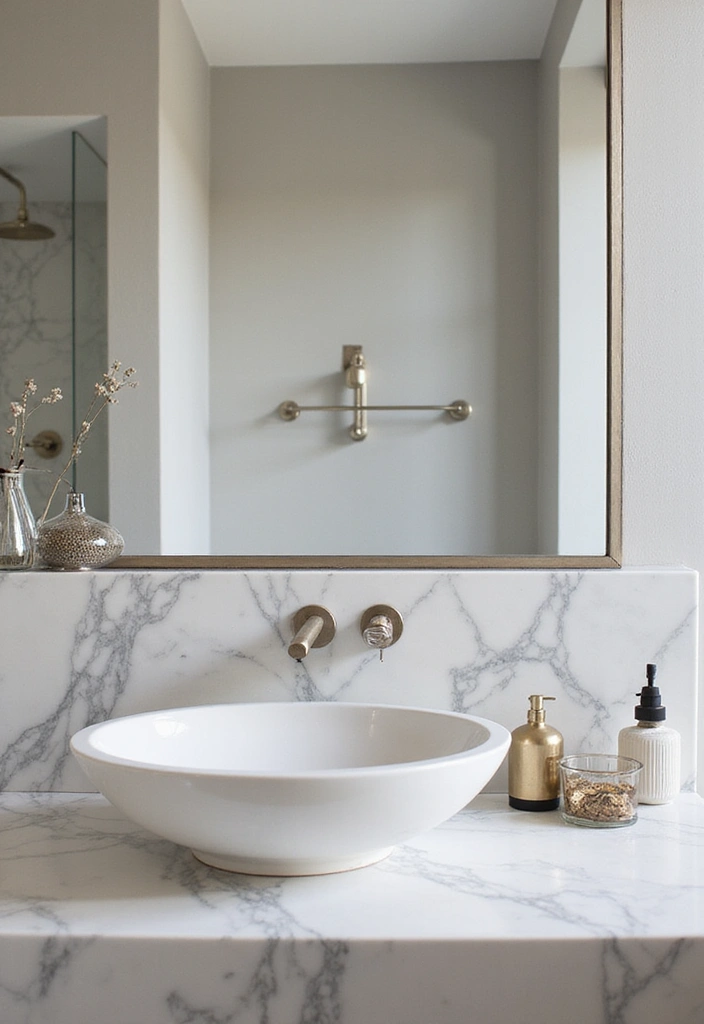 27 White And Grey Marble Bathroom Designs That Shine - 12. Modern Marble Fixtures