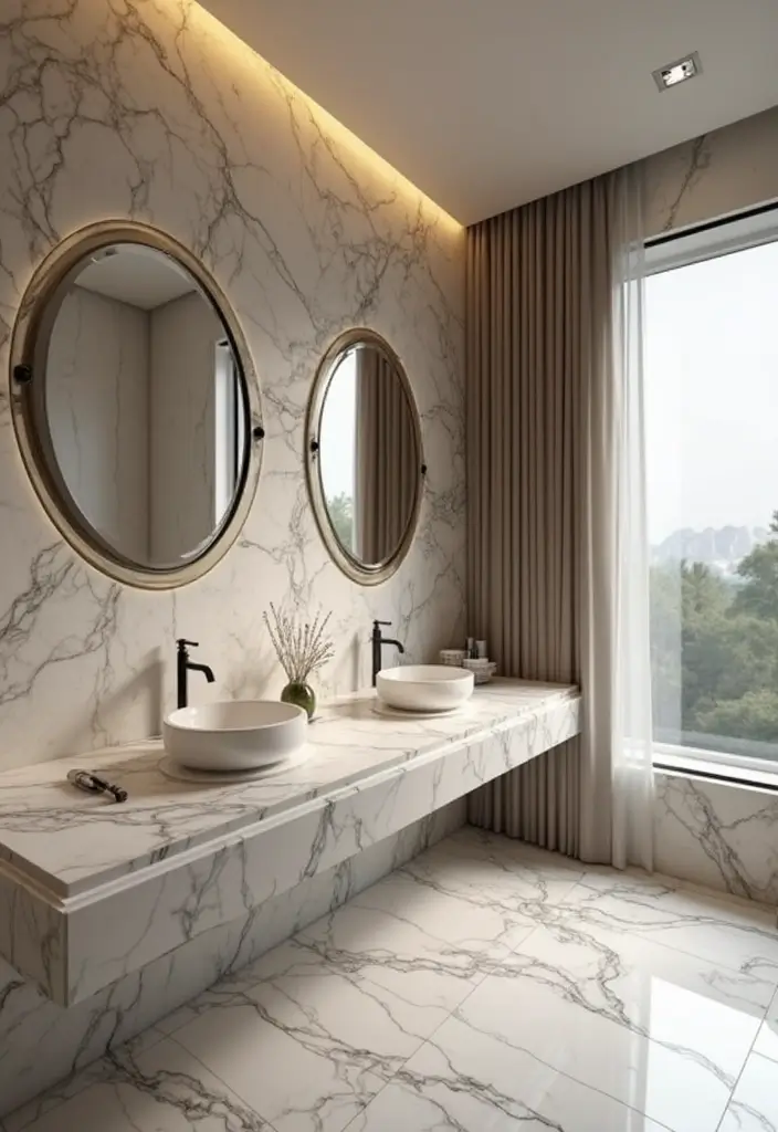 27 White And Grey Marble Bathroom Designs That Shine - 13. Marble Countertops