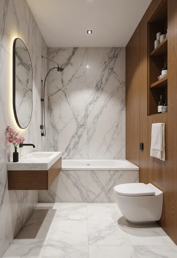 27 White And Grey Marble Bathroom Designs That Shine - 17. Marble and Wood Combinations